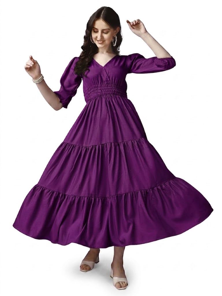 Dress for Women's | Fully Stitched Rayon Fabric Elegant Tiered Ankle-Length Lightweight Fit & Flared Casual Maxi Dress-image-20