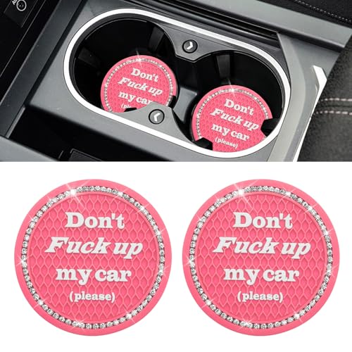2PCS Bling Car Cup Holder Coaster, 2.75 Inch Anti-Slip Auto Insert Cup Coaster, Crystal Rhinestone Auto Drink Car Cup Mat for Women Girls, Universal Auto Interior Decor Accessories (Pink)