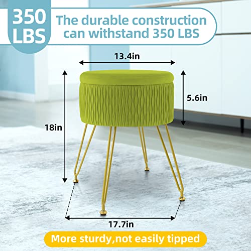 Gerant Velvet Storage Ottoman Vanity Stools - Multifunctional Upholstered Pleated Round Footrest With Golden Metal Legs,Removable Coffee Table Top Cover,Suitable For Living Room(Matcha Green) #TOP1