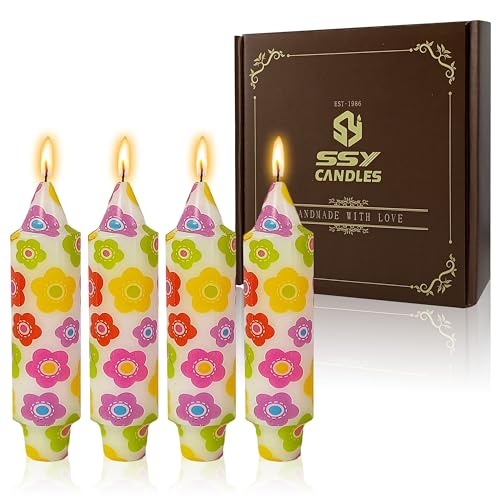 5 inch Short Candle Floral Candle Sticks Printed Candlestick Handmade Unscented Taper Candle 4 Pack Colorful Flower Tapered Candles for Home Dinner Wedding Holiday