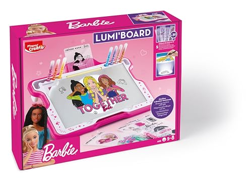 Maped Pizarra Mágica para Dibujar con Luz Barbie, Set Completo para Niños de 4 Años en Adelante, Incluye 1 Luz, 30 Fichas, 12 Rotuladores, 20 Hojas, Ideal para Calcar y Crear