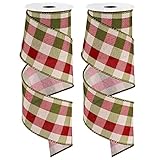 Whaline 2 Rolls Wired Edge Plaids Ribbon Christmas Buffalo Check Ribbon Red Green Plaids Ribbon 2.5 Inch Farmhouse Craft Ribbon for DIY Gift Wrapping Wreath Xmas Tree Bow Decoration, 10 Yards