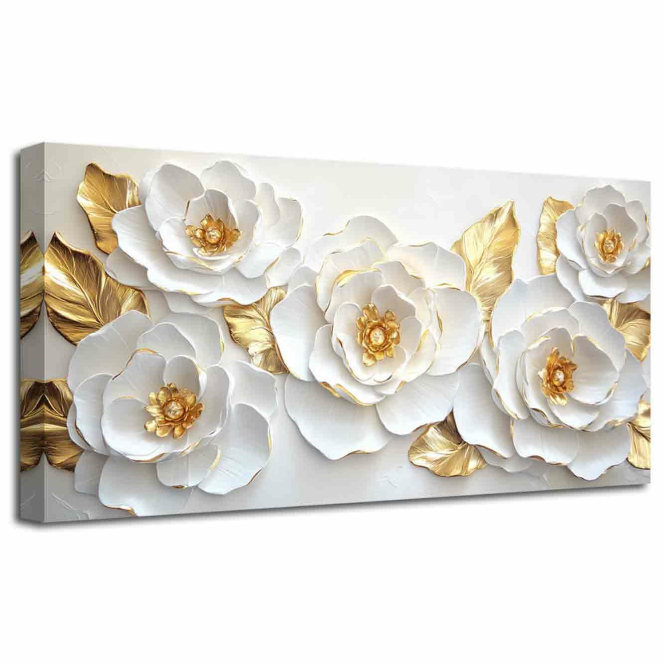 LZIMU Large White Gold Flower Wall Art Abstract Floral Picture Elegant Peony Blooming Canvas Print Modern Luxury Leaves Painting Living Room Bedroom Office Decor (Gold, (30L x 60W cm))