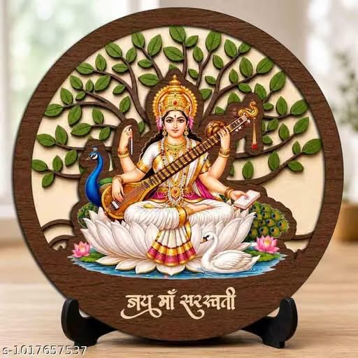 MDF Wooden Maa Saraswati Round Decorative Showpiece Plaque | Tree of Life Design, UV-Printed Artwork, Wooden Stand Included, Spiritual Home Décor, Lightweight & Durable-image-7