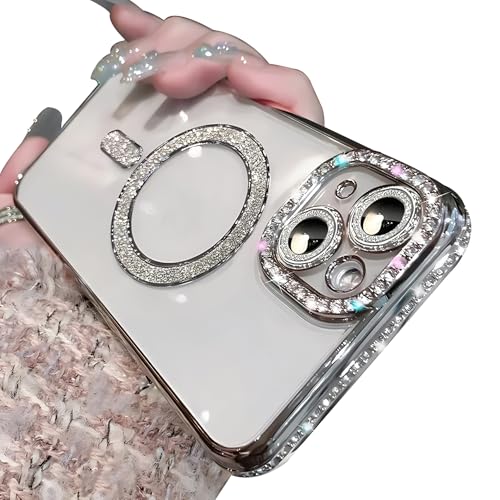 Lomzexwi Coque pour iPhone 16, Coque en silicone transparente pour femmes et filles avec strass magnétiques Bling, coque de protection antichoc et...