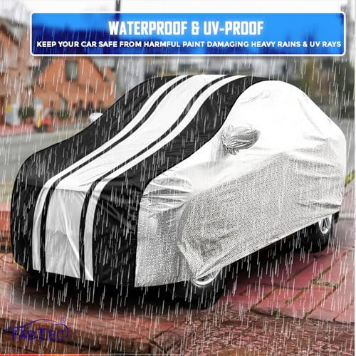 Image of FABTEC Car Body Cover for Maruti Alto 800 Waterproof UV & Rain Protection Metallic Silver with Black Stripes Car Cover with Mirror Pocket Bottom Elastic Full Size Car Cover