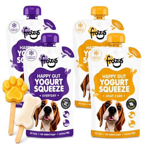 Frozzys Yoghurt Squeeze | Lactose Free Fermented Frozen Dog Yogurt | Prebiotic Dog Ice Lolly Treat | Freezable Lickable Squeezable Treat for Lick Mats | Joint Care & Gut Health Taster Pack 4 x 115g