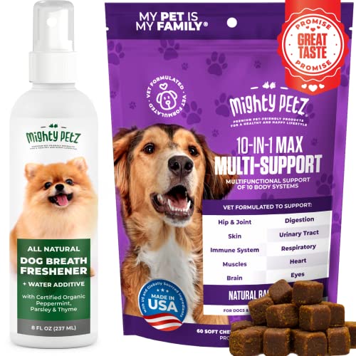 Mighty Petz 2-in-1 Dog Breath Freshener Spray & Water Additive MAX Dog Multivitamin Bundle