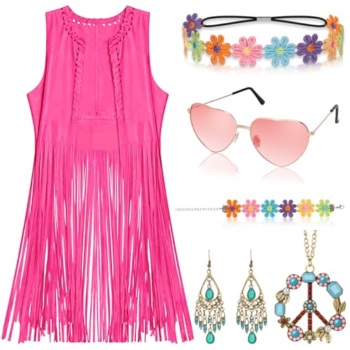 Alintor Hippie Kostüm Damen, Schlagermove Outfit Damen, 70er Jahre Bekleidung, Cowgirl Faschingskostüme, Hippie Weste Flower Power