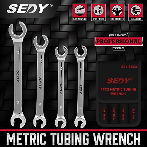 Image of SEDY 4-Piece Flare Nut Wrench Set, Offset End Spanner Metric 9 10 11 12 13 14 15 17mm, CR-V Steel Storage Pouch Repair and Remove Nuts on Fuel Tube Hose Transmission Line