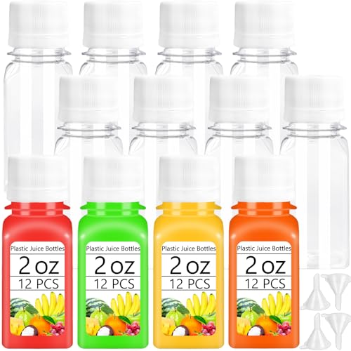 Haawooky 12 Pcs 2oz Mini Plastic Juice Bottles with White Caps Reusable Ginger Shots Bottle with 4 Funnels Clear Empty Beverage Containers for Juice Smoothie Milk