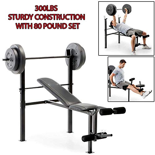 300Lbs Sturdy Construction Competitor Pro Home Gym Standard Adjustable Weight Bench With 80 Pound Set Can Be Used For Legs, Preacher Curls, Bench Press, And More Suitable For Home Gym Setups