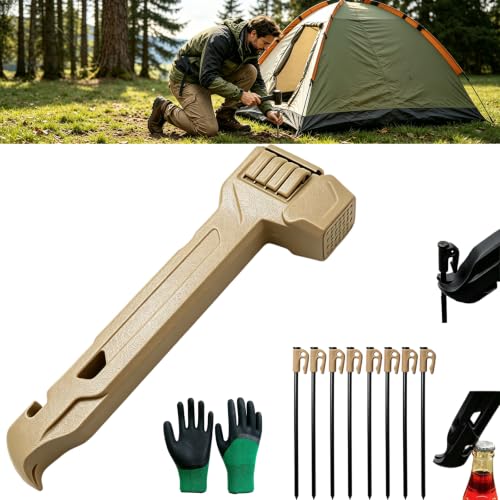 Image of Camping Hammer with 8 Pegs, Heavy-Duty Camping Mallet for Tent Stakes with Peg Puller, Bottle Opener, Storage Handle & Textured Striking Head for Hiking Backpacking (Khaki)
