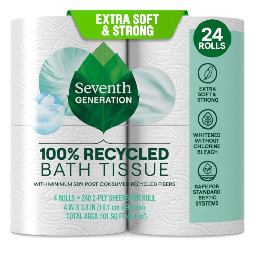 Image of Seventh Generation Toilet Paper, 100% Recycled 2-Ply Bath Tissue, 4 Rolls of 240 Sheets, Extra Soft & Strong for Home & RV, Whitened without Chlorine Bleach, No Dyes or Fragrances, Septic Safe