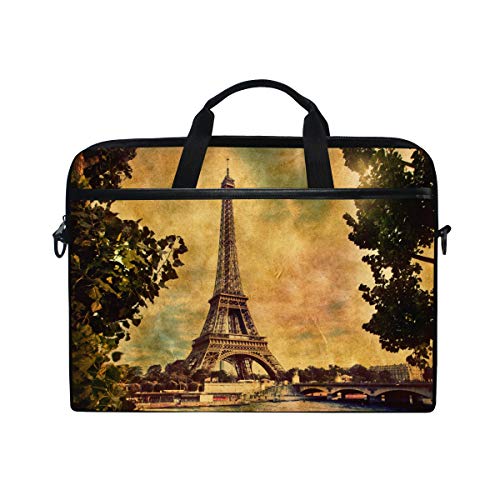 14 Zoll Laptoptasche Eiffelturm in Paris Retro Stil Canvas Stoff Laptop Tasche Business Handtasche mit Schultergurt für Damen und Herren