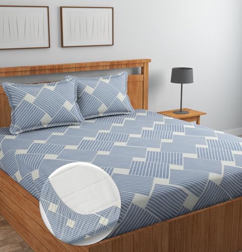 Image of NHD HOME Pure Cotton All Round Elastic Fitted Bedsheets for Double Bed with 2 King Size Pillow Covers 220 TC Supersoft |Wrinkel Free Bed Cover Size - 72x78+10 inches, Grey & White
