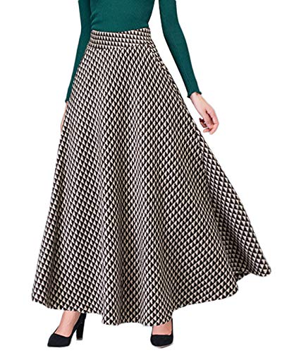 CHARTOU Women's Classy Plaid High Waist Ankle-Length A-Line Flared Winter Wool Blend Maxi Swing Skirt (Khaki, X-Small)