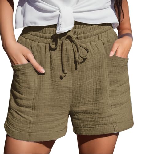 crazy bean Pantalones Cortos Sueltos de Verano para Mujer CóModos Pantalones Cortos de AlgodóN y Lino para Mujer con Bolsillos Pantalones Casuales de Verano con CordóN de Cintura Alta Caqui M