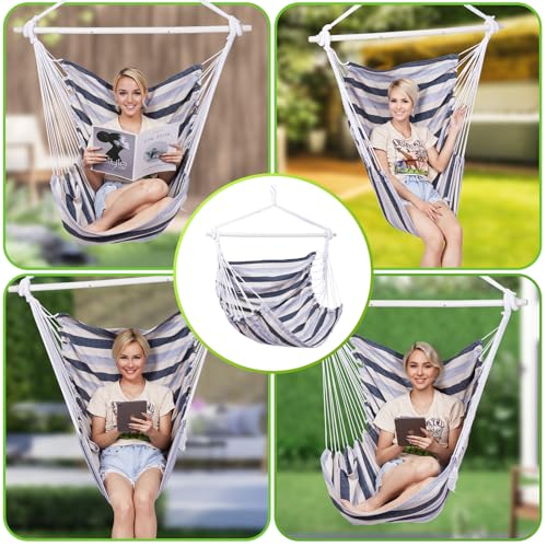 Image of Backyard Expressions Striped Hammock Chair Hanging Rope Swing Chair, Anti Slip Steel Spreader Bar