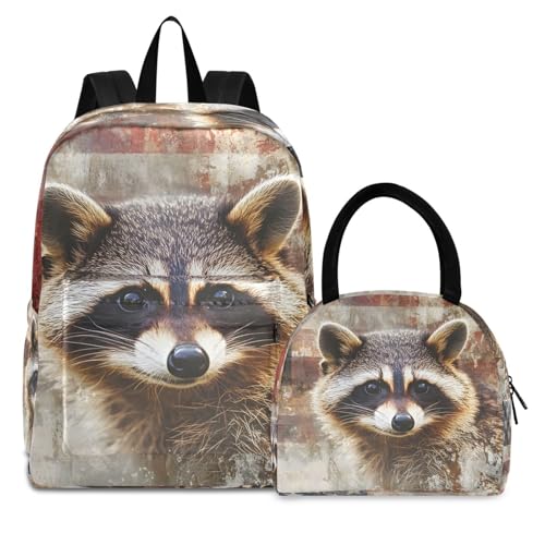 American Raccoon Print Backpack Set with Lunch Bag, Large Capacity Travel Backpacks and Lunch Box Insulated for Commute Hiking Picnic
