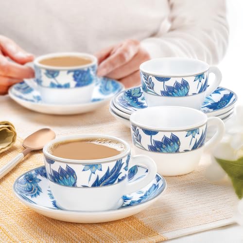 Image of Larah by BOROSIL 140ml Opalware New Iris Tea /Coffee 6pc Cup & 6pc Saucer Set, Microwave & Dishwasher Safe Embossed Design Crockery Set Ideal for Daily Use & Gifting