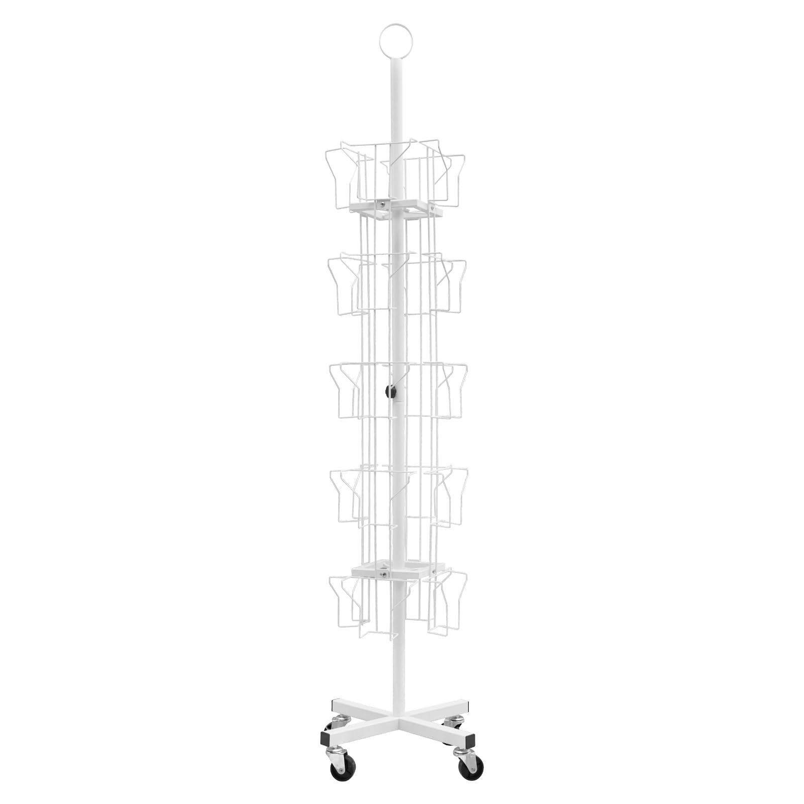 Ginelm White 5-Tier Rotating Greeting Card Display Stand, 20 Pocket Metal Postcard Holder Rack W/ Universal Wheels For Postcards, Brochures, Stickers, Showcase