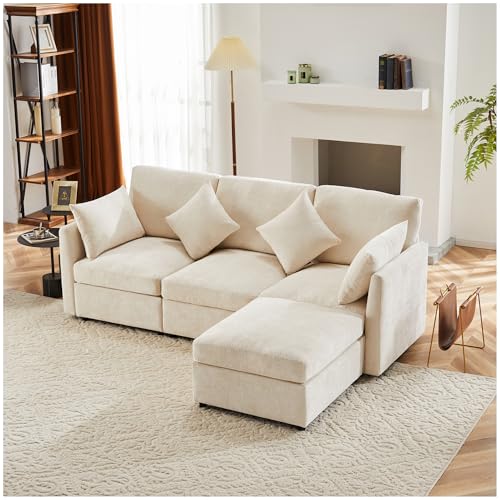 Wyibwy Divano moderno,divano componibile in tessuto cinigliato,sofa letto 3 posti,a quattro posti,divano angolare a L con poggiapiedi,divani,divani con penisola,216x161x81cm (Beige)