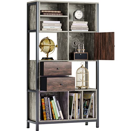 62.2 Inch Height Bookcase With Drawer Door Records Stand, 5 Tier Bookshelf Industrial Book Shelf, Rustic Wood Metal Frame Bookcases And Bookshelves File Cabinet For Home Office, Living Room, Bedroom #TOP28