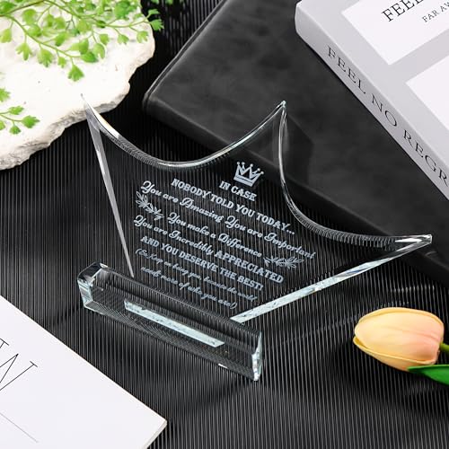 Image of Qianwei Inspirational Gift Ideas - Crystal Crown Engraved Thank You Gifts for Women Men Friends - Appreciation Gifts for Coworker - Motivational Quote Clear Desk Sign Home Office Desk Decor
