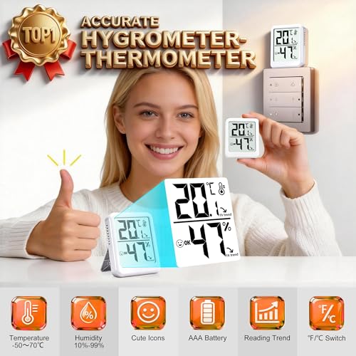 Room Thermometer Indoor Hygrometer with Celsius/Fahrenheit (℃/℉) Switch, Humidity Meter Gauge Digital Temperature and Humidity Sensor Monitor for Home Pets Plants - AAA Battery Included
