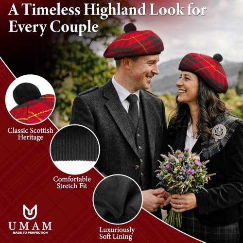 Image of Scottish Tam O' Shanter Hat Tartan Bonnet Pom Pom Wool Flat Cap One Size