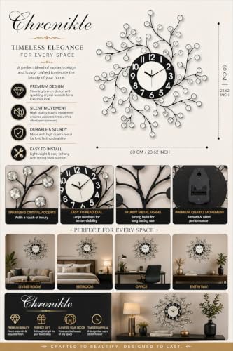 Image of CHRONIKLE Beautiful Round Diamond Studded Analog Floral Design Home /Office Decor Metal Crystal Wall Clock with Sweep Movement (Size: 60 x 5 x 60CM | Color: Black & Silver | Weight: 1030grm)