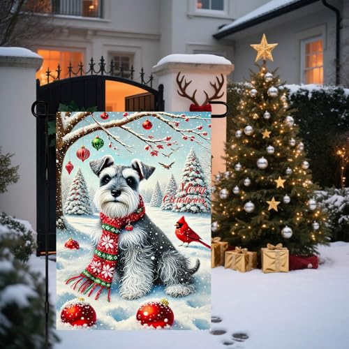 Image of BlissYard Winter Garden Flag Schnauzer Cardinal Snow Scene 12 x 18 Inch | Schnauzer and Cardinal, Snowy Tree Scene, Winter Yard Decor, Lawn, Porch, Patio, Garden, Seasonal Outdoor Flag