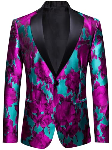 Barry.Wang Mens Flowers Blazer Suit Jacket Floral Jacquard Notched Lapel Tuxedo Casual Sport Coat Disco Prom Wedding Party4