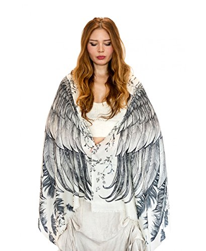 Delicately Hand Painted Silk & Cashmere White Bird Feather Wrap Scarf