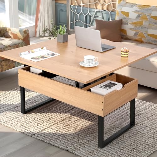 VOWNER Table Basse Relevable, Table de Salon Multifonctionnelle 3 en 1 avec Rangement Caché, Table Basse Convertible Manger de Salon, Couleur du Bois