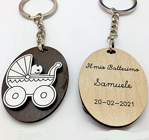 Ingrosso e Risparmio Lot de 20 porte-clés ovales en bois avec poussette/landau et bébé, bonbonnière personnalisées pour naissance, baptême enfant, fille (sans personnalisation)