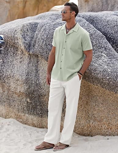 Image of COOFANDY Men 2 Piece Linen Outfit Beach Button Down Shirt Casual Loose Pant Sets