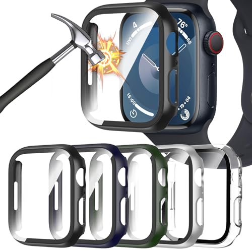 [5 Pack for Apple Watch Screen Protector Case Series 9 8 7 41mm, Ultra-Thin Full Coverage Hard PC Protective Cover Built in HD Tempered Glass Screen Protector for iWatch 41mm