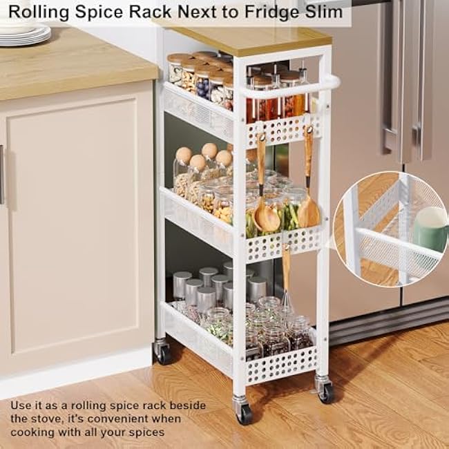 Slim Storage Cart, 4 Tier Fruit and Vegetable Baskets for Kitchen Small Space, Narrow Rolling Cart on Wheels with Wooden Top and Metal Handle for Pantry, Bathroom, Laundry Room-JkhZaXyX