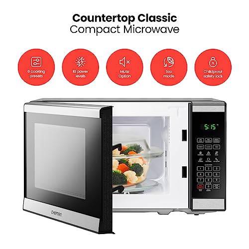 Chefman Countertop Microwave Oven 0.7 Cu. Ft. Digital Stainless Steel Microwave 700 Watts with 6 Auto Menus, 10 Power Levels, Eco Mode, Memory, Mute Function, Child Safety Lock, Easy Clean