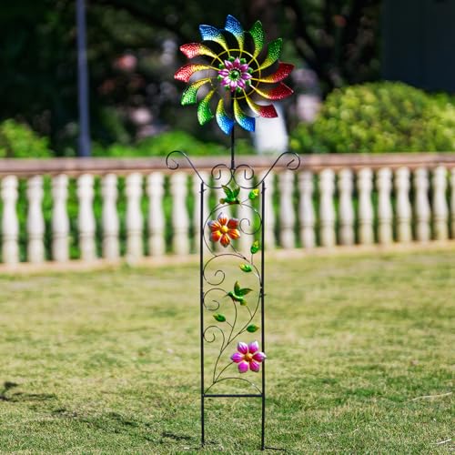 Image of DREAMYSOUL Wind Spinner Outdoor, Colorful Wind Sculpture & Spinner, Weathervane with Decorative Trellis for Climbing Plants, Kinetic Wind Spinners for Yard