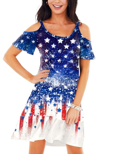 Image of Deerose Womens 4th of July Dresses Cold Shoulder American Flag Tie Dye A-Line Dress with Pockets