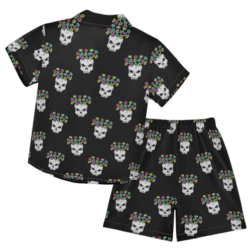 Image of Sunflower Floral Yellow Black Short Sleeve Hawaiian Button Down Shirts and Short Sets for Boys Toddler Summer Outfits