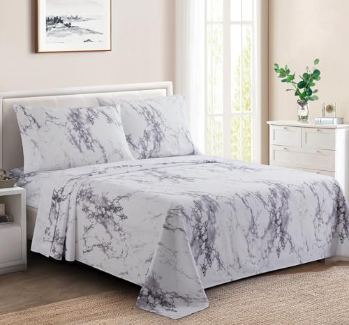 Marina Decoration Printed 600 Thread Count Soft Deep Pocket Hotel Standard Long Staple Cotton Blend Percale All Season 3 Pieces Bedding Sheet Set, White Marble Pattern Twin/Single Size