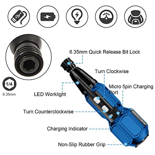 Rechargeable Cordless Screwdriver-Electric Screwdriver Hand Tool Kit for Man Women Mini Portable Cordless Power Drill with LED Light,USB Charging Cable (W/1 double side bit) Black Blue