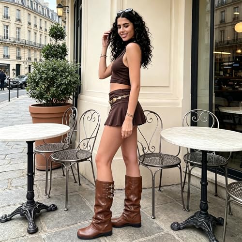 Image of MAVMAX Women Slouchy Knee High Boots Casual Round Toe Pull On Riding Biker Boots Fold Over Chunky Low Heel Platform Boot
