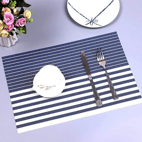 Image of YELONA Dining Table Placemats Set of 4 - Heat-Resistant, Non-Slip, Washable & Stain Resistant Woven PVC Vinyl Table Mats for Kitchen & Dining - 45 x 30 cm, Black & White