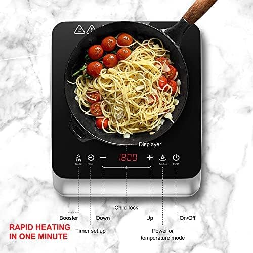 Close-up of the COOKTRON Induction Cooktop control panel with labels for Booster, Timer, Down, Child Lock, Up, Power/Temperature Mode, and On/Off buttons.