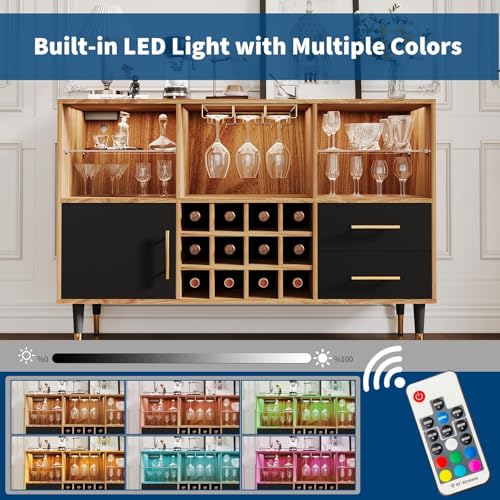Image of 47 inch Bar Cabinet with LED Lights & Charging Station, Freestanding Liquor Cabinet with for Living Room, Decorative Kitchen and Living Room Compact Wine Bottle Storage for Living Room, Brown